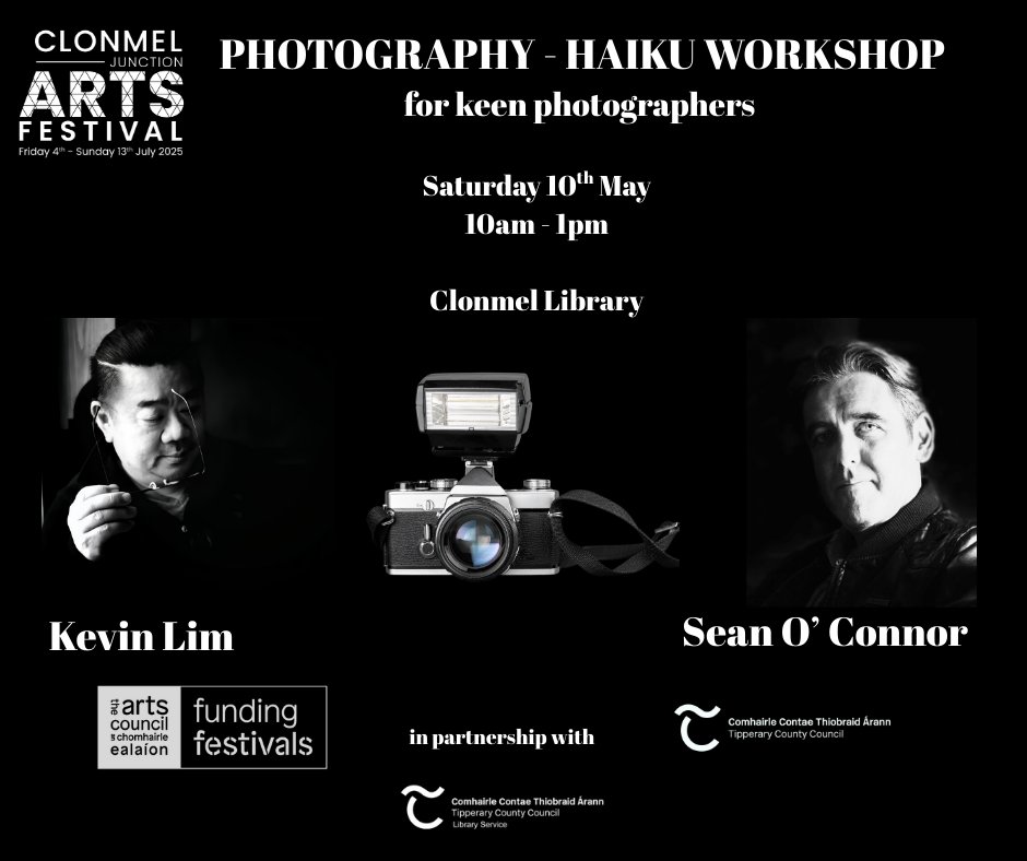 Clonmel Junction Arts Festival (@clonmeljunction) on Twitter photo Join Kevin Lim and Sean O' Connor on Saturday 10th May in the Clonmel Library from 10am to 1pm for a Photography-Haiku workshop. Looking for keen photographers to participate and only 3 places left!
📷️Free workshop for adults📷️
info & booking: info@junctionfestival.com Join Kevin Lim and Sean O' Connor on Saturday 10th May in the Clonmel Library from 10am to 1pm for a Photography-Haiku workshop. Looking for keen photographers to participate and only 3 places left!
📷️Free workshop for adults📷️
info & booking: info@junctionfestival.com