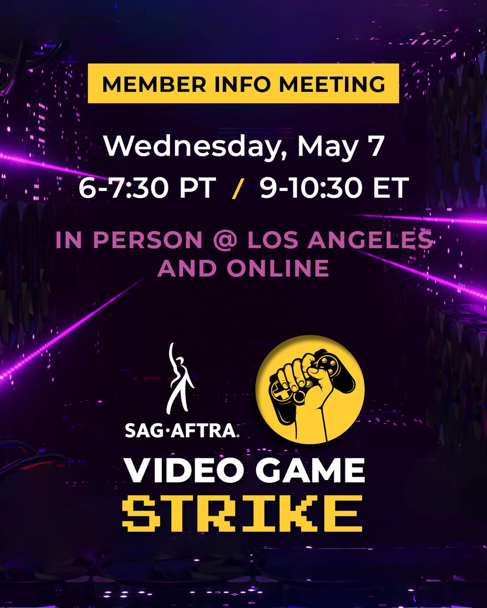 Join us on Wednesday, May 7 at 6 PT / 9 ET for an important update on #VideoGameStrike negotiations. The IMA Negotiating Committee will go over the latest offer from employers as well as our most recent counter offer. More info/RSVP here: ow.ly/UiYF50VMkEL.