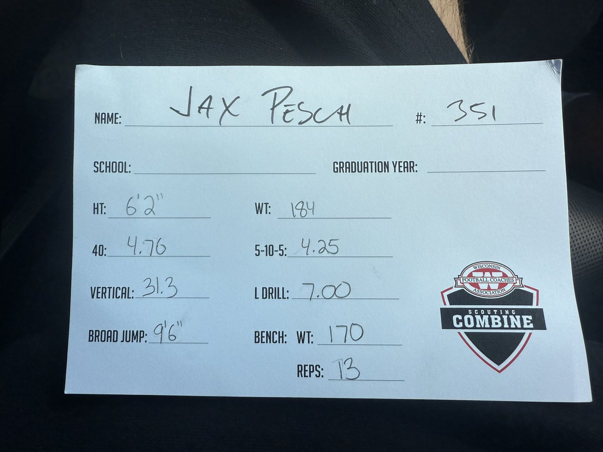 Jax Pesch 2027 (@jaxpesch) on Twitter photo Had an awesome time competing at the WFCA combine today! Only better from here.
<a href="/travisWSN/">Travis Wilson</a> <a href="/MJ_NFLDraft/">Mark Johnson</a> <a href="/mwfbrecruiting/">Midwest Football Recruiting</a> <a href="/PrepRedzoneWI/">Prep Redzone Wisconsin</a> <a href="/FbWaterfor16704/">Waterford Wolverines FB</a> Had an awesome time competing at the WFCA combine today! Only better from here.
<a href="/travisWSN/">Travis Wilson</a> <a href="/MJ_NFLDraft/">Mark Johnson</a> <a href="/mwfbrecruiting/">Midwest Football Recruiting</a> <a href="/PrepRedzoneWI/">Prep Redzone Wisconsin</a> <a href="/FbWaterfor16704/">Waterford Wolverines FB</a>