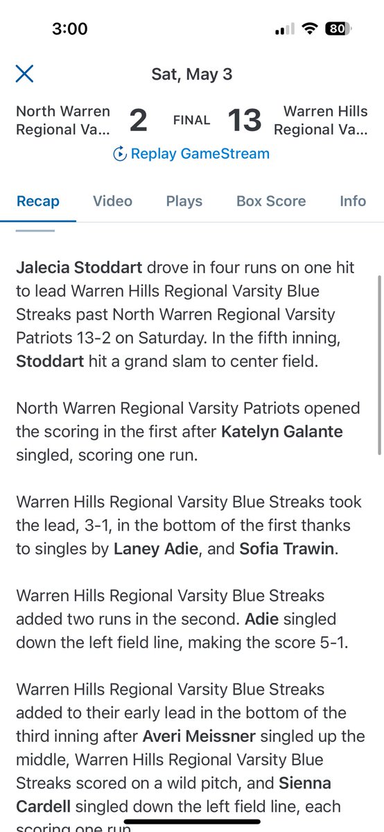 Had a great game today, hitting a grand slam in the last inning to walk off our game against north Warren! 🥎🥎