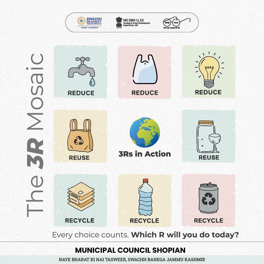 MCShopian's tweet photo. Three R's 
=> Reuse
=> Reduce 
=> Recycle 
Give preference to 3R's andale your surroundings neat and Clean.
@dmshopian 
@DULBKASHMIR https://t.co/4KuvhgGNfn