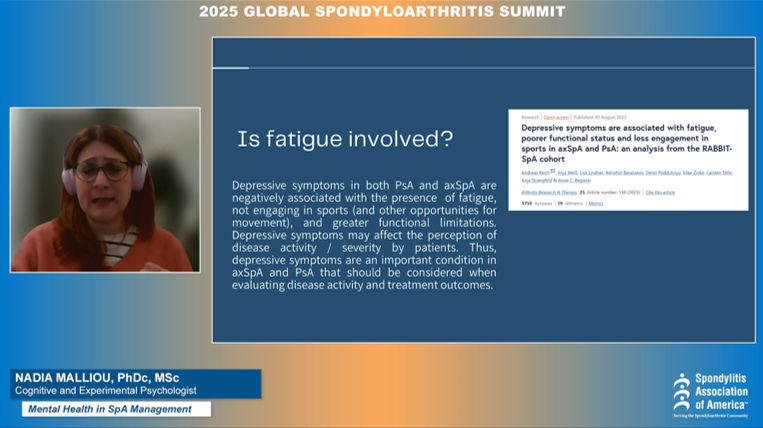 Living with #SpA is a lifelong challenge.  Nadia Malliou's presentation highlights an important component of achieving better health outcomes - mental health as part of evaluation and treatment.

Happening Now: spondyloarthritissummit2025.vfairs.com

#spondysummit #spondysummit2025 #axSpA