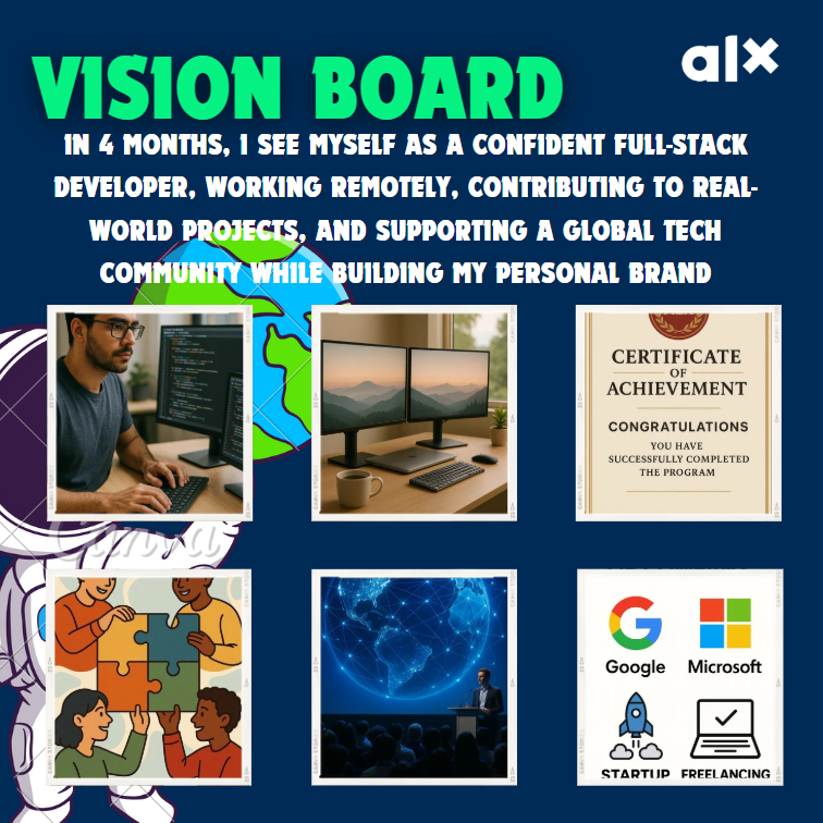 OGSett's tweet photo. Here’s my Vision Board for the #ALXSE journey with @alx_africa!
In 4 months, I see myself as a confident full-stack developer, working remotely, contributing to real-world projects, and actively supporting a global tech community.
#ALXSE #ALXPD #ALXFE #ALXBE #VisionBoard https://t.co/08VI7odzqE