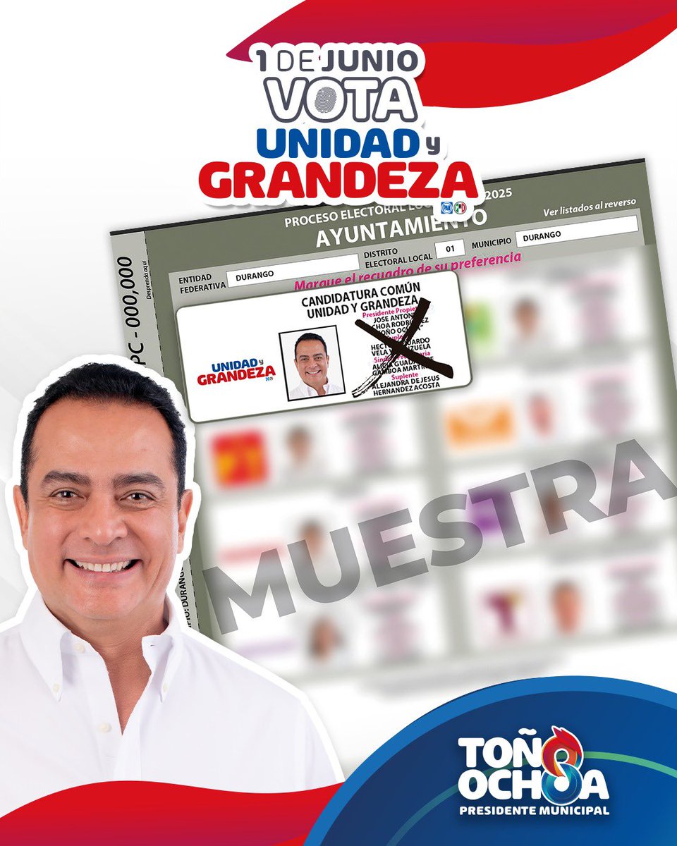 ¡Unidos por un mejor Durango y más sueños que cumplir! 👊🏼

Este 1️⃣ de junio a la izquierda, arriba, arribototota vota  #UnidadYGrandeza. 🗳️🔵🔴