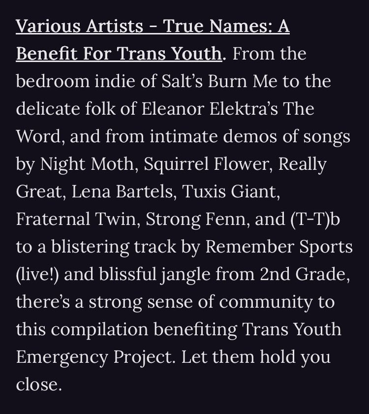 Audio Antihero (Avery Friedman LP Out Now) (@audioantihero) on Twitter photo Had a feeling <a href="/AnEarful/">AnEarful</a> was going to come through for the ‘True Names’ Trans Youth benefit compilation. ❤️🏳️⚧️
anearful.substack.com/p/a-song-for-f…
Mentions for featured artists like <a href="/sqrrlflwr/">Squirrel flower</a> <a href="/remembersports/">Remember Sports</a> <a href="/ttbchiptunes/">(T-T)b</a> <a href="/2ndgradephilly/">2nd Grade</a> <a href="/reallygreatband/">really great ! the band !!</a> and more. Had a feeling <a href="/AnEarful/">AnEarful</a> was going to come through for the ‘True Names’ Trans Youth benefit compilation. ❤️🏳️⚧️
anearful.substack.com/p/a-song-for-f…
Mentions for featured artists like <a href="/sqrrlflwr/">Squirrel flower</a> <a href="/remembersports/">Remember Sports</a> <a href="/ttbchiptunes/">(T-T)b</a> <a href="/2ndgradephilly/">2nd Grade</a> <a href="/reallygreatband/">really great ! the band !!</a> and more.