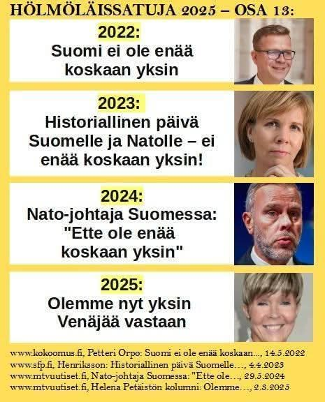 Näin siinä sitten kävi, kun lähdimme Natoon soitellen mukaan!" Suomi teki itsestään Venäjän vihollisen! Ennen ei oltu! Nyt olemme Venäjän ohjusiskun ensikohde! Puolustusmenot nelinkertaistuvat! Sen takia hallitus leikkaa hyvinvointivaltion palveluja! Mutta sekään ei riitä! Kohta
