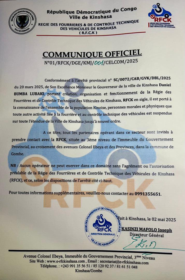 RfckKin's tweet photo. 🚨 COMMUNIQUÉ OFFICIEL – RFCK

Suite à l'arrêté du Gouverneur de Kinshasa du 20 mars 2025, toute activité liée à la fourrière et au contrôle technique est suspendue dans la ville de Kinshasa jusqu’à nouvel ordre.

#RFCK #Kinshasa #ContrôleTechnique #Fourrière https://t.co/gaXk4edA2r