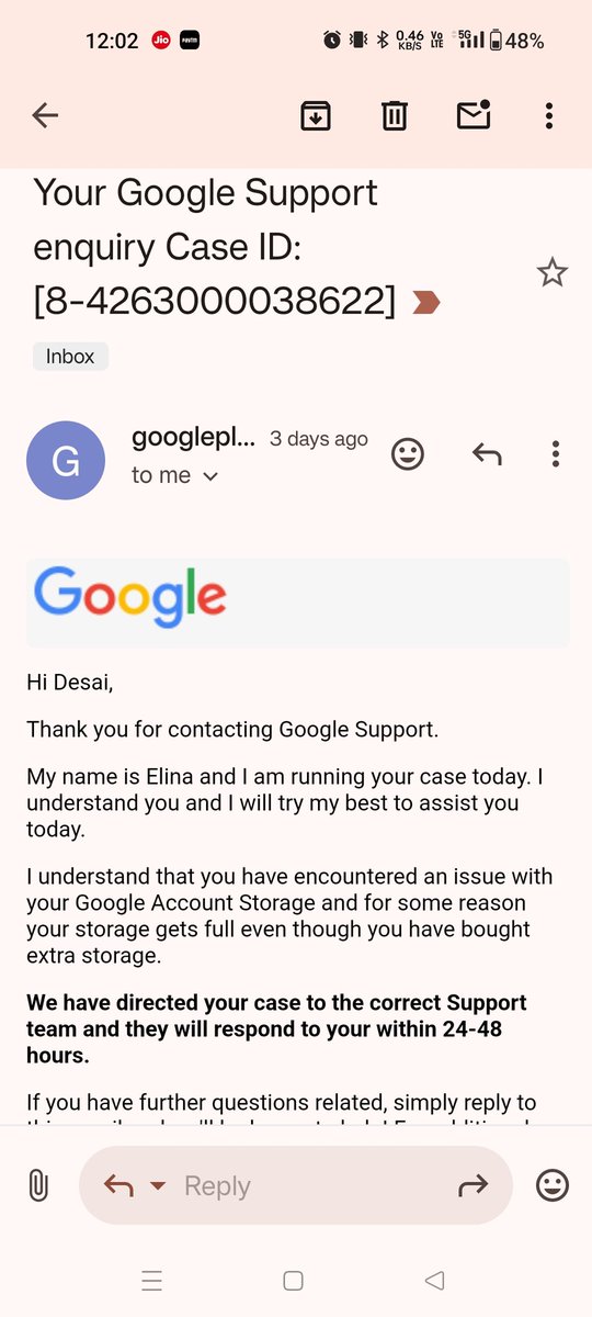 desai_jits's tweet photo. @Google @GoogleIndia still I didn't get any solution please do the needful regarding my ticket... I have purchased a paid subscription for more space but still the error shows that I will not be getting mail from 1st June ?? Why please solve my issue regarding extra storage. https://t.co/yl7FtqANcg