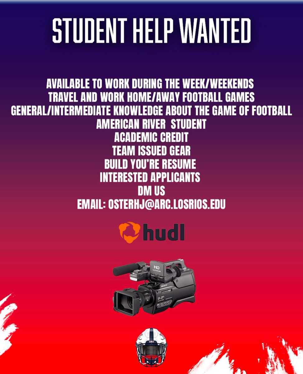 American River College Football (@arcbeaverball) on Twitter photo Attention: All American River Students. Be apart of a family and join our team to assist with film and equipment - be a part of the action!
Feel free to DM or email Coach O 🏈🎥 #Football #StudentOpportunities Attention: All American River Students. Be apart of a family and join our team to assist with film and equipment - be a part of the action!
Feel free to DM or email Coach O 🏈🎥 #Football #StudentOpportunities