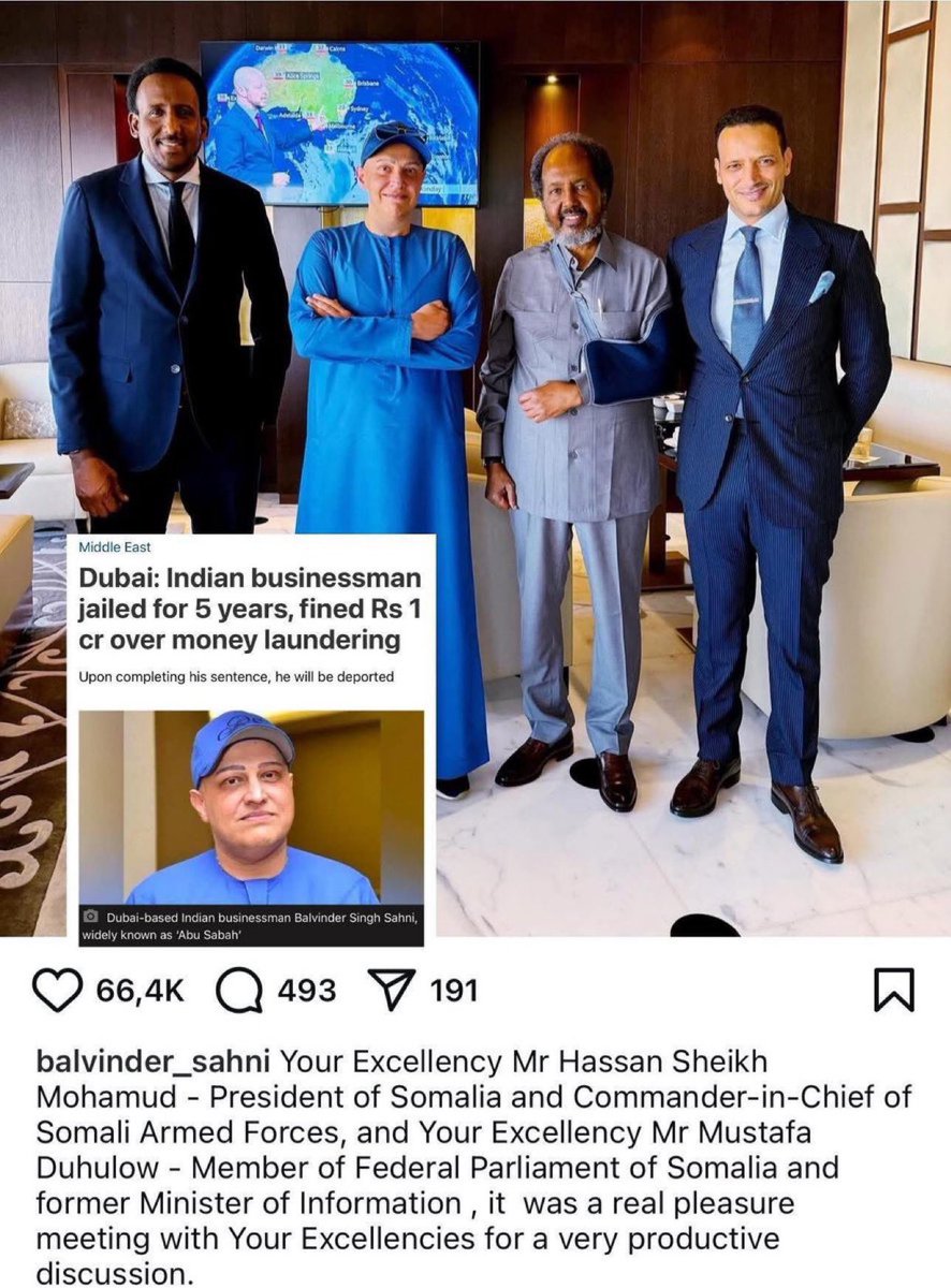 G.MulMuli (@ramadan70530344) on Twitter photo An Indian businessman named Balvinder Sahni taken picture with Somalia president <a href="/HassanSMohamud/">Hassan Sheikh Mohamud</a> & director of immigration and naturalisation Mustafa dhuxulow have been arrested in the UAE for money laundering. A court in Abu Dhabi has sentenced Sahni to five years in jail and An Indian businessman named Balvinder Sahni taken picture with Somalia president <a href="/HassanSMohamud/">Hassan Sheikh Mohamud</a> & director of immigration and naturalisation Mustafa dhuxulow have been arrested in the UAE for money laundering. A court in Abu Dhabi has sentenced Sahni to five years in jail and