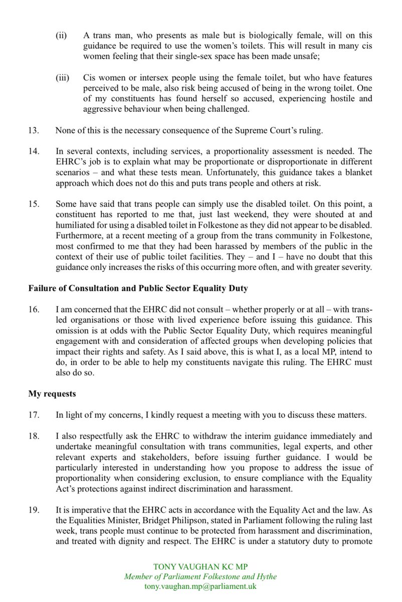 tonyvaughanMP's tweet photo. I have written to the Equality and Human Rights Commission asking them to withdraw their interim guidance on single-sex spaces ⬇️.

It goes beyond the Supreme Court ruling, increases risks of harassment and violence to trans people, and is contradictory & confusing. @EHRC please act!
