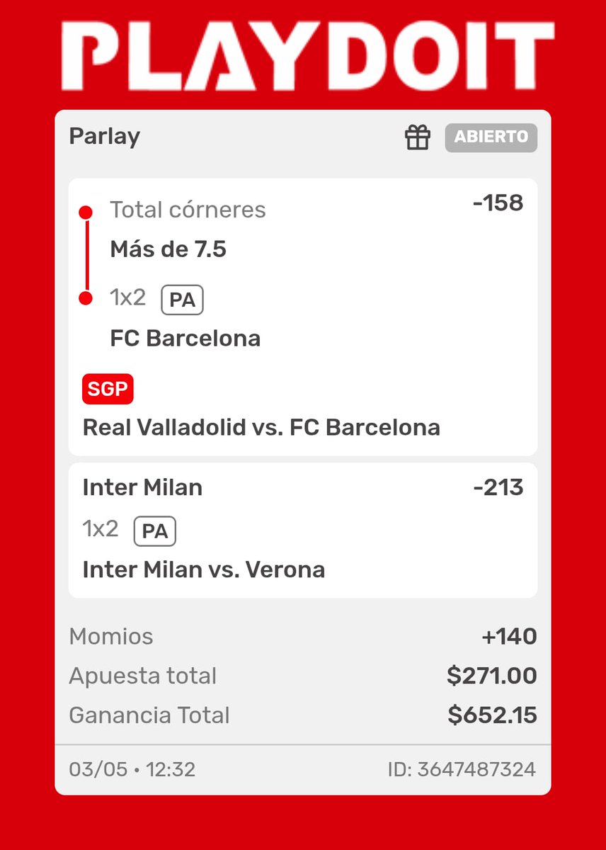 Sobrinas nos vamos con la tercera del día vamos a ver si paso más, sigo pensando en esos Bayern pero no pasa nada, nos vamos con el partido de barca y el inter, esperemos que no pase nada con la maldición de los italianos