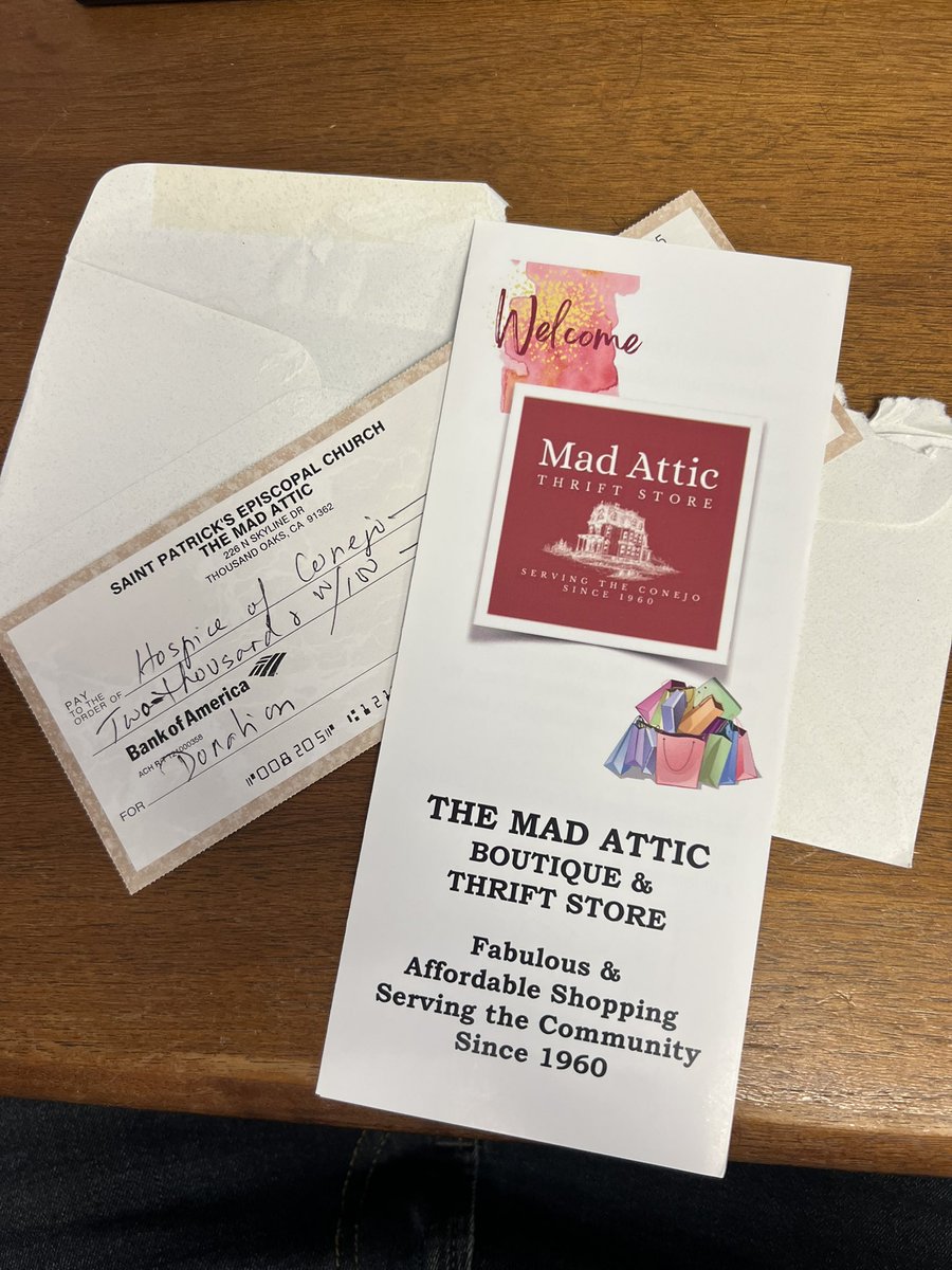 KyleBJorrey's tweet image. Major gratitude for The Mad Attic. The thrift shop on Skyline Dr. operated by St. Patrick’s Church just donated $2,000 to Hospice of the Conejo! 🙏🏼🙏🏼 Love the thrifters!