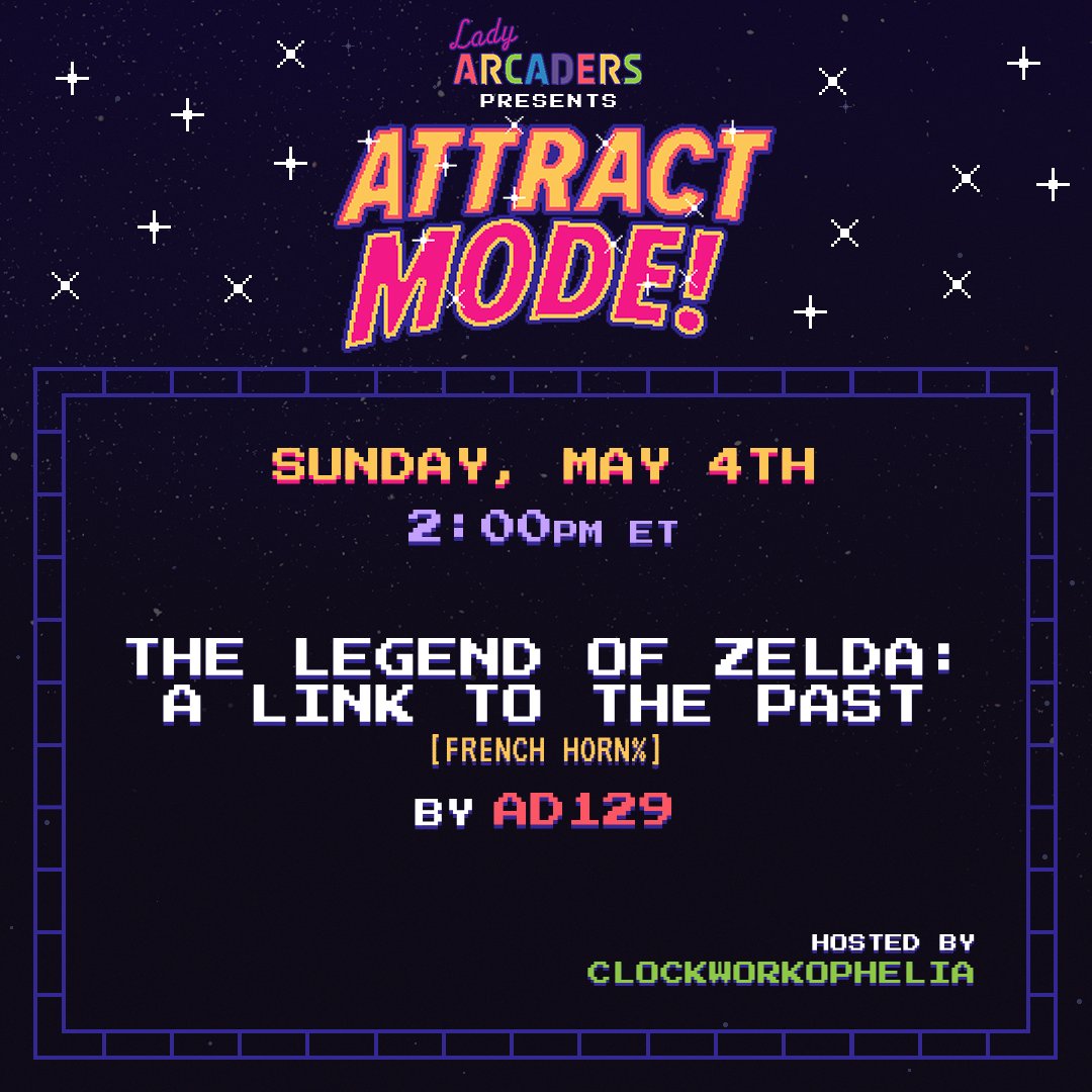 ladyarcaders's tweet image. SUNDAY&apos;S ATTRACT MODE!

May the doots be with you! Ad129 is serving up epic doots in The Legend of #Zelda: #ALinkToThePast with French Horn%!! We&apos;ll have glitches, boss rushes, and fantastic tunes! @ClockwrkOphelia will be our host!

Join us at 2pm ET on Sunday 📯