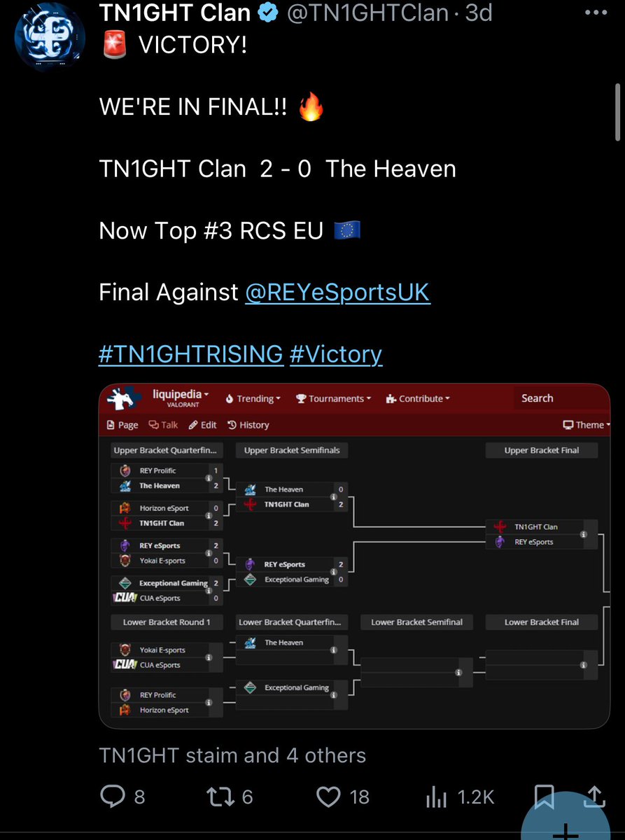 The Heaven (@flmtheheaven) on Twitter photo winning against <a href="/TN1GHTClan/">TN1GHT Clan</a> 2-0, domination and masterclass
13-4, 13-3 against TOP 3 EU TEAM IS CRAAAZY
but again, i guess they weren't trying cause they play in a game that hasn't even been officially released yet gg
grand finals tomorrow against <a href="/REYeSportsUK/">REY eSports</a>
gg boys!! winning against <a href="/TN1GHTClan/">TN1GHT Clan</a> 2-0, domination and masterclass
13-4, 13-3 against TOP 3 EU TEAM IS CRAAAZY
but again, i guess they weren't trying cause they play in a game that hasn't even been officially released yet gg
grand finals tomorrow against <a href="/REYeSportsUK/">REY eSports</a>
gg boys!!