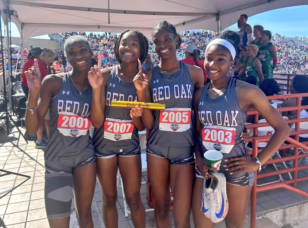 RedOakTrack1's tweet photo. Congratulations to our Lady Hawks for their 1st place, STATE CHAMPIONSHIP finish in the 4x100 meter relay with a time of 45.46! This performance is a school record and also the 1st relay win in school history! #HawkSpeed https://t.co/KzJw4lboEq