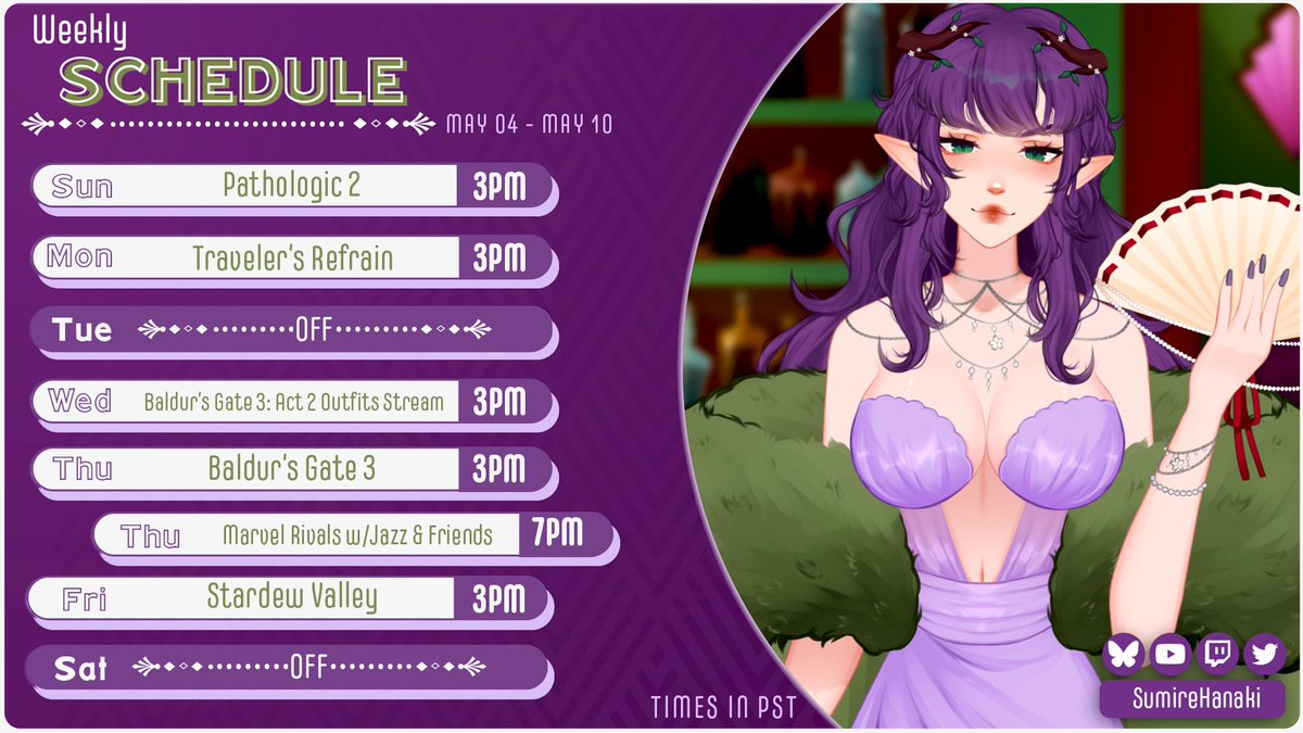 💜🌿!!! THIS WEEK'S SCHEDULE !!!🌿💜
【May 04 - May 10】

Yes, we have the usual streams... But ALSO bonus BG3 stream, Rivals with <a href="/JazzyTheSmooth1/">Jazz and Spark 「Close Collective」</a> and the gang, AND starting <a href="/RedEssenceGames/">Red Essence Games</a>'s new game, Traveler's Refrain!!

#Vtuber #twitchstreamer 

🔻🔻🔻🔗IN REPLIES🔻🔻🔻