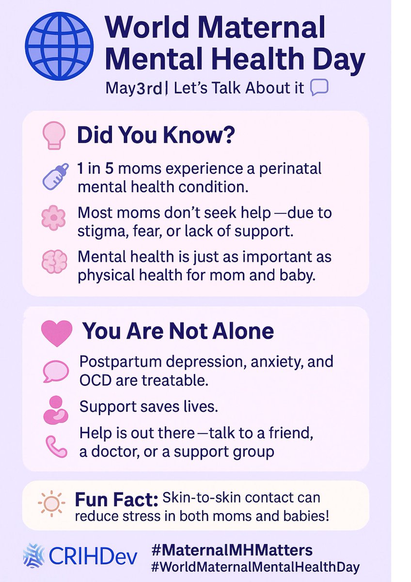 CRIHDev (@crihdev) on Twitter photo Today is #WorldMaternalMentalHealthDay 💜
1 in 5 moms faces a mental health challenge—but many go without support.
At @CRIHDDev, we’re committed to equity, awareness & support for every mother.
Mental health is health. 💪👶
#MaternalMHMatters #MentalHealthAwareness #SupportMoms Today is #WorldMaternalMentalHealthDay 💜
1 in 5 moms faces a mental health challenge—but many go without support.
At @CRIHDDev, we’re committed to equity, awareness & support for every mother.
Mental health is health. 💪👶
#MaternalMHMatters #MentalHealthAwareness #SupportMoms