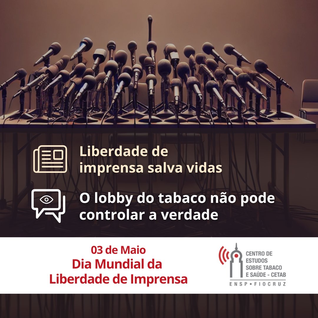 📅 Hoje é o Dia Mundial da Liberdade de Imprensa.

A imprensa livre é fundamental para expor as estratégias do lobby do tabaco e proteger a saúde pública.

📢 A verdade precisa circular.
📛 A desinformação mata.

#LiberdadeDeImprensa #TabacoNão #Cetab #SaúdePública #CQCT #OMS