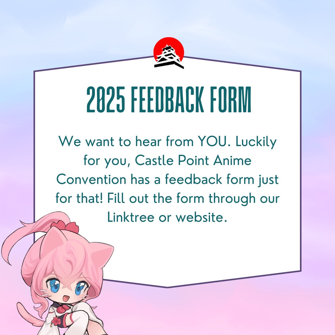 CastlePointCon's tweet photo. Had an amazing time at CPあC? Have ideas for how to make it better? Our Castle Point Anime Convention 2025 Feedback Form is out NOW!

#castlepointanime #cosplaycon #castlepointanimeconvention2025 https://t.co/WZQNIgTXs2