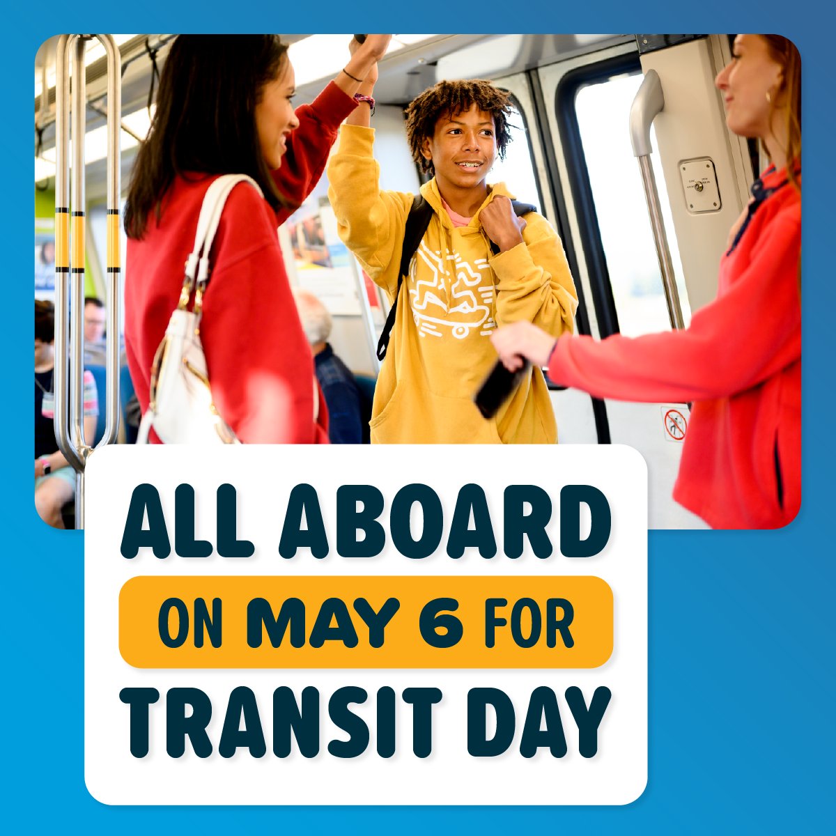 This smog season, #ChooseTransit. Leaving the car at home and taking the bus, train or ferry improves air quality and protects both our communities and the climate. 

Join us May 6 for All Aboard #BayArea Transit Day and get freebies for riding! allaboardbayarea.com 🚏🚌💛