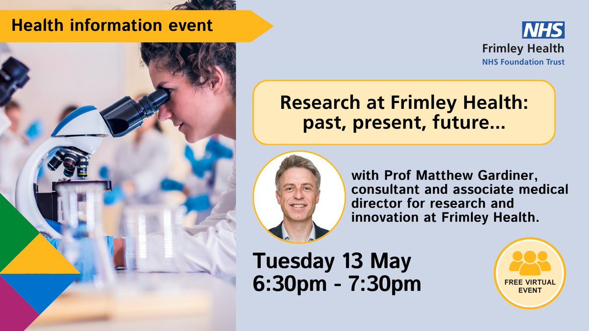 ℹ️ Join us for our next online health event on Tuesday 13 May and hear from Matt Gardiner, associate medical director for research and innovation and consultant hand and plastic surgeon.

📅 Tuesday 13 May
🕡 6:30pm
💻 Register here: events.teams.microsoft.com/event/1564d43f…