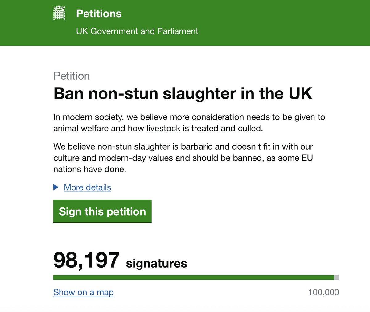 Can we get this pushed over the line need just under 2,000 signatures for a debate. Read the 'governments' response , seriously talk about appeasing the minority. It is animal cruelty and has no place in our society when there are other options, we no longer live in the dark