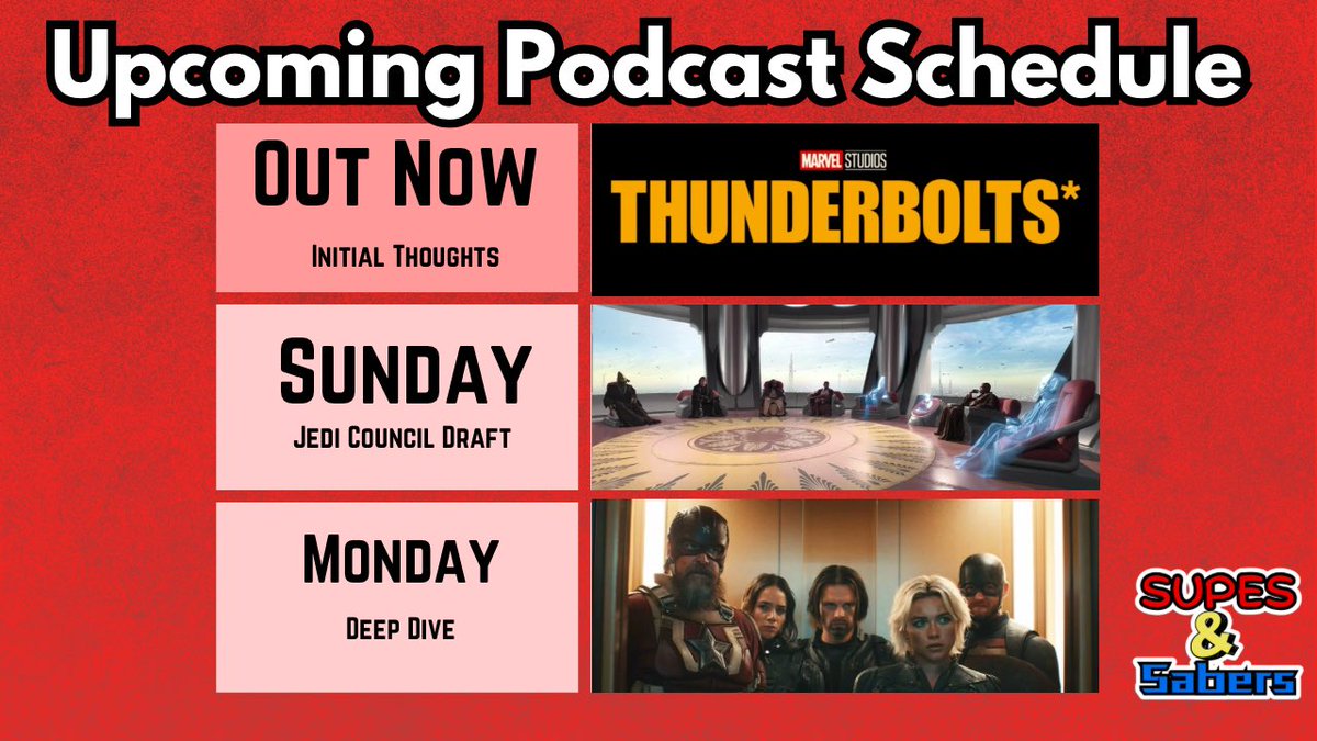 In case you missed it: 

Ron and Chris shared their thoughts on Thunderbolts* with the deep dive coming late Monday. 

Tomorrow celebrate May 4th with a great Jedi Council draft with Sean( <a href="/ForceDyadPod/">The Force Dyad Podcast</a> ) and Tiara, Crafting on Ilum! 

Catch it all here: youtube.com/@supesandsaber…