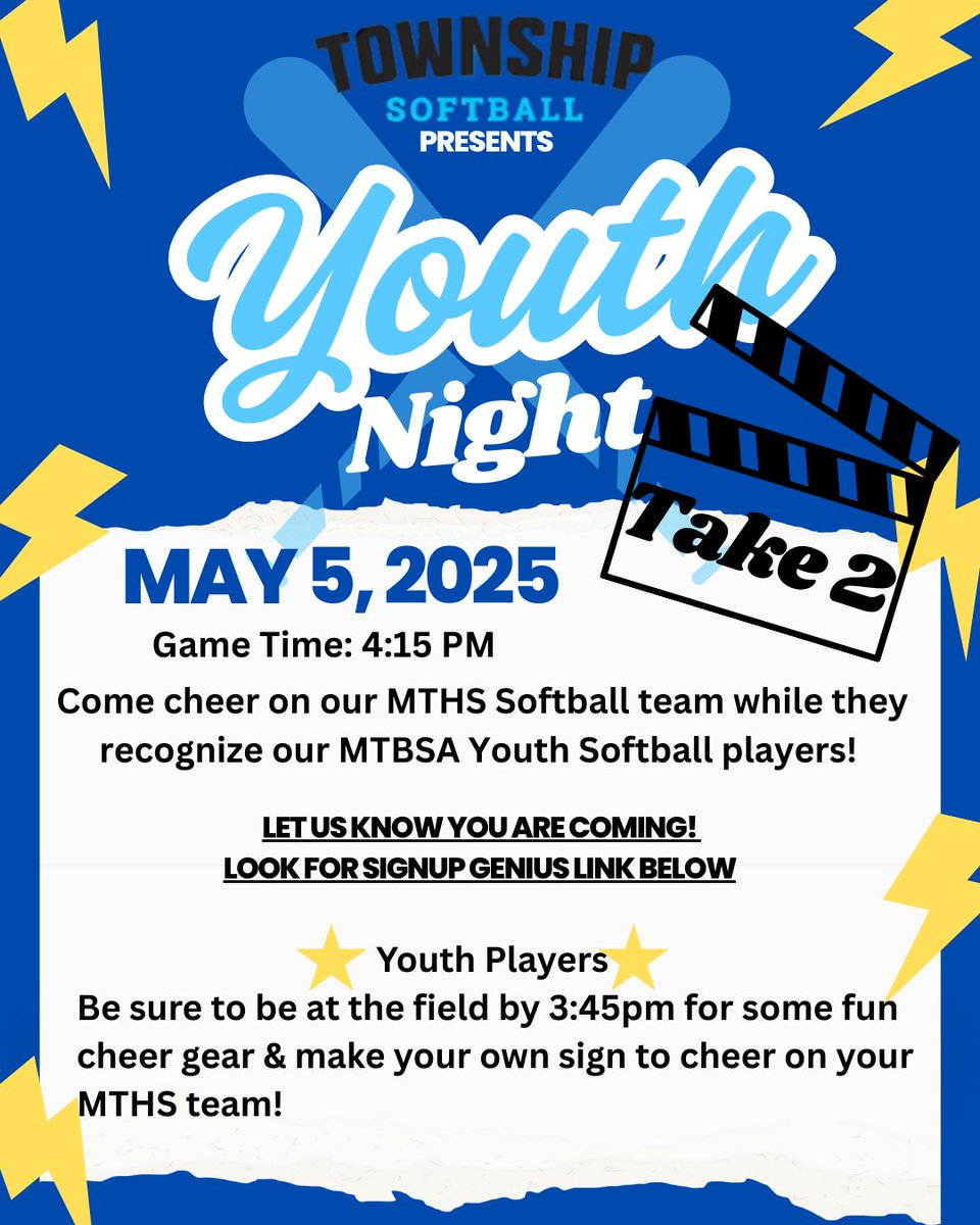 Join us for youth night on May 5th (Monday). 

Arrive at the field at 3:45 pm for some fun cheer gear and to make your own sign. 

Click the Signup Genius link below and let us know you're coming to support the MTHS Softball team! signupgenius.com/go/20F0D4FA5AC…