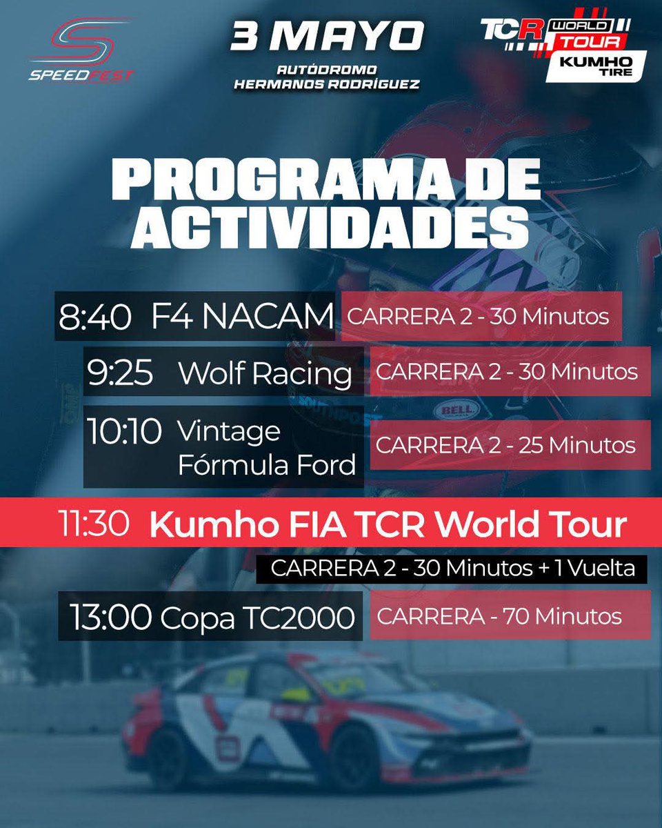 RadardVelocidad's tweet photo. Les compartimos el programa de activdades del #SpeedFest del día de hoy, con el platillo principal el TCR World Tour.
Y al finalizar las carreras el concierto de los 90s Pop Tour
Fotos por @speedfestmx
#TCR #TCRWorldTour #SpeedFestMX #SpeedFest2025 #AHR https://t.co/V4CPgVgoFt