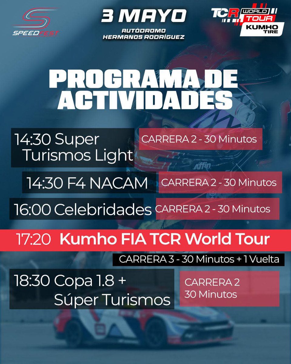 RadardVelocidad's tweet photo. Les compartimos el programa de activdades del #SpeedFest del día de hoy, con el platillo principal el TCR World Tour.
Y al finalizar las carreras el concierto de los 90s Pop Tour
Fotos por @speedfestmx
#TCR #TCRWorldTour #SpeedFestMX #SpeedFest2025 #AHR https://t.co/V4CPgVgoFt