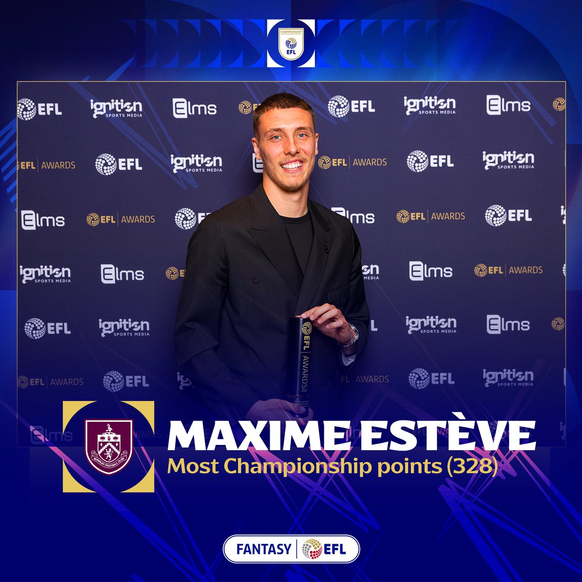 Maxime Estève departs the <a href="/SkyBetChamp/">Sky Bet Championship</a> as the Division's Fantasy EFL Player of the Season 🏆

328 Points, 27 clear of Jayden Bogle in 2nd 👏

#FantasyEFL | <a href="/BurnleyOfficial/">Burnley FC</a>