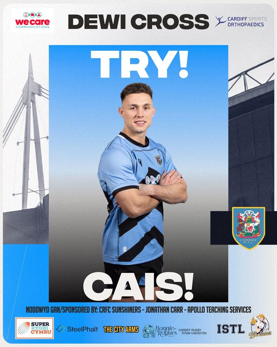 Cardiffrfc (@cardiff_rfc) on Twitter photo 43: CAIS | TRY
Scored by: <a href="/DewiCross/">Dewi Cross</a>
Sponsored by: <a href="/ApolloTeaching/">Apollo Teaching</a>, <a href="/CRFCSunshiners/">Cardiff Sunshiners</a>, and <a href="/MrJonathanCarr/">Jonathan</a>
Converted by: <a href="/steffan_emanuel/">Steffan Emanuel</a>
Cardiff - 19
<a href="/bridgendravens/">Bridgend Ravens</a> - 5
#BlueAndBlacks ๐๐ค
<a href="/AllWalesSport/">All Wales Sport</a> 43: CAIS | TRY
Scored by: <a href="/DewiCross/">Dewi Cross</a>
Sponsored by: <a href="/ApolloTeaching/">Apollo Teaching</a>, <a href="/CRFCSunshiners/">Cardiff Sunshiners</a>, and <a href="/MrJonathanCarr/">Jonathan</a>
Converted by: <a href="/steffan_emanuel/">Steffan Emanuel</a>
Cardiff - 19
<a href="/bridgendravens/">Bridgend Ravens</a> - 5
#BlueAndBlacks ๐๐ค
<a href="/AllWalesSport/">All Wales Sport</a>