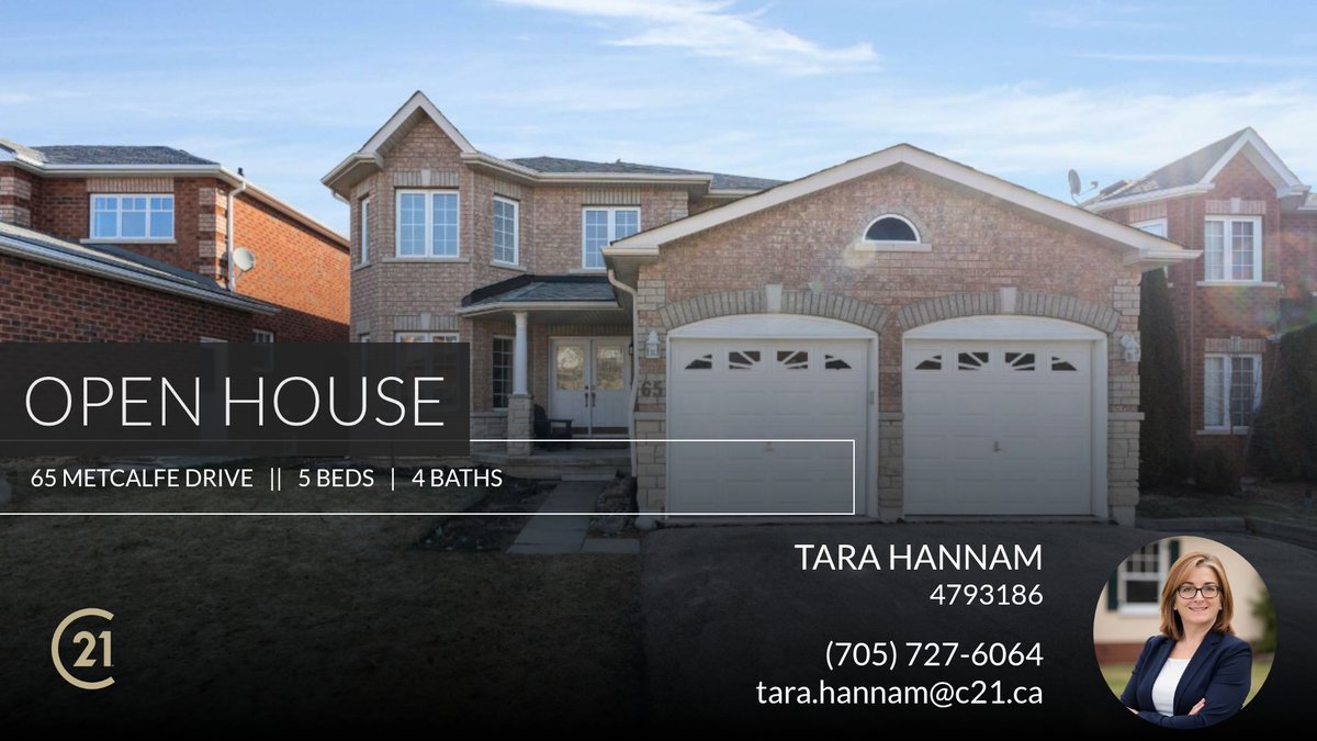 Interested in this property? Attend the upcoming open house May 4th at 1:00 PM and decide if it's the home for you!

Tara Hannam
Sales Representative
Century 21 BJ Roth Realty Ltd., Brokerage
705.727.6064
tara.hannam@c21.ca 65metcalfedr.com