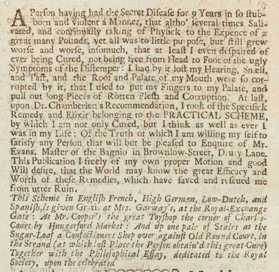 Perfect Saturday activity... transcribing VD-cure newspaper ads. 

This one by my heroine Mrs. Garway. Enjoy! 🤢

The Weekly Journal, Or, British Gazetteer, Feb 2, 1717.