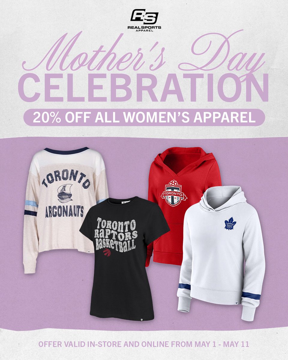 Score BIG with 20% OFF ALL LADIES APPAREL now until Mother’s Day! 

In-store &amp; online 🎁

shop.realsports.ca/collections/la…