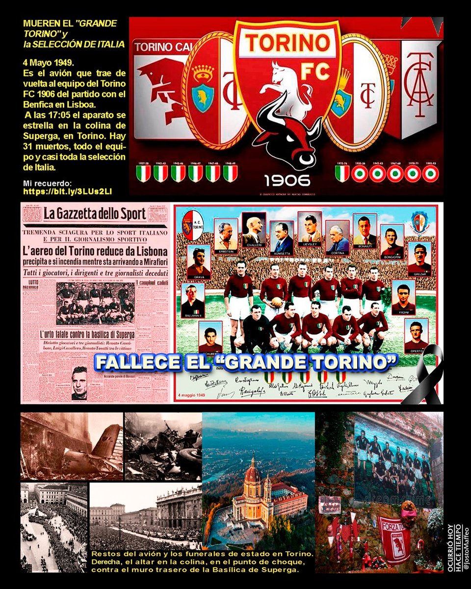 🐪🇪🇺 🇺🇦Josto Maffeo🚑X (@jostomaffeo) on Twitter photo 🕯️⚽ MUEREN EL "GRANDE #TORINO" y la SELECCIÓN DE #ITALIA 🇮🇹
4 Mayo 1949. El avión trae de vuelta al <a href="/TorinoFC_1906/">Torino Football Club</a>
de #Lisboa, del partido contra el #Benfica.
A las 17:05 el aparato se estrella en la colina de #Superga: 31 muertos.
👉 Mi recuerdo ▶️ youtube.com/watch?v=p8kMQ8… 🕯️⚽ MUEREN EL "GRANDE #TORINO" y la SELECCIÓN DE #ITALIA 🇮🇹
4 Mayo 1949. El avión trae de vuelta al <a href="/TorinoFC_1906/">Torino Football Club</a>
de #Lisboa, del partido contra el #Benfica.
A las 17:05 el aparato se estrella en la colina de #Superga: 31 muertos.
👉 Mi recuerdo ▶️ youtube.com/watch?v=p8kMQ8…