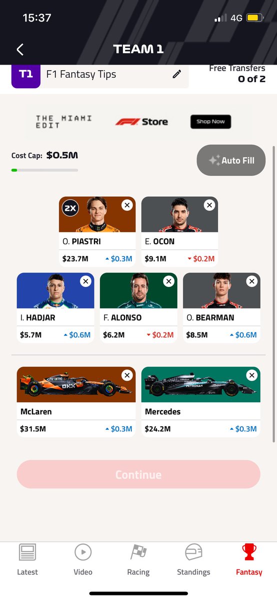 Team for #MiamiGP 

Busy today so can’t watch. But Alonso and Ocon in for Doohan and Gasly. 

No chip. 

Good luck all. 

#F1Fantasy #F1