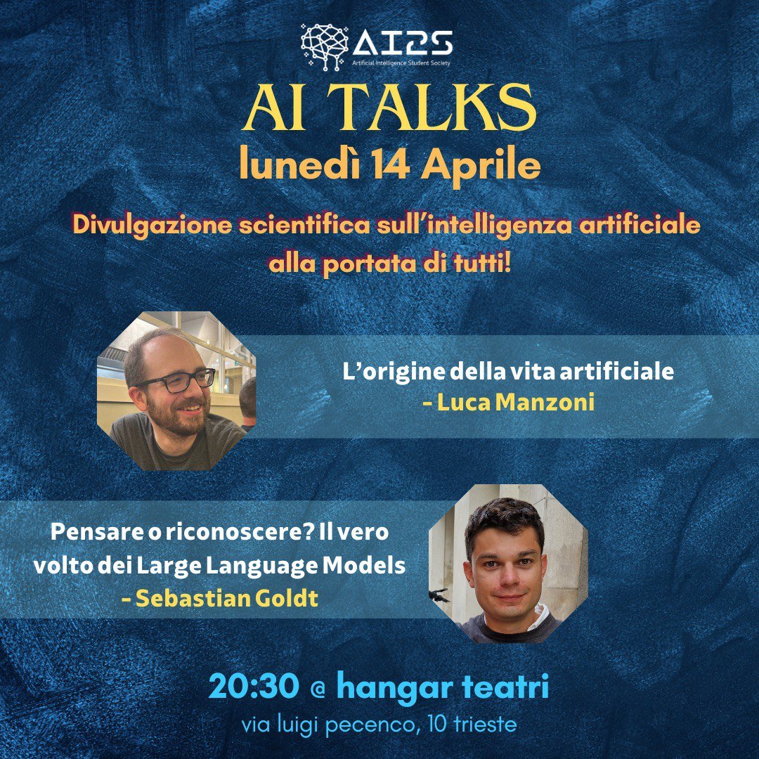 📣 Il settimo appuntamento degli #AITalk sta arrivando!

"Dalle Origini della Vita Artificiale al Futuro dei Large Language Models"  

📆 5 maggio 2025
🕣 20:30 
📍Hangar Teatri   

#ArtificialIntelligence #IntelligenzaArtificiale #hangarteatri #AI #Divulgazione