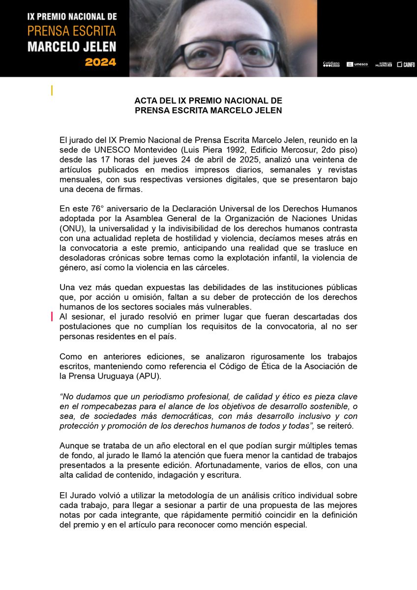 CAinfouy's tweet photo. ✍️IX Premio Nacional Prensa Escrita Marcelo Jelen para @carodelisa y @Turwicz por su crónica “La muerte de una adolescente en Uruguay que desnudó historias de explotación sexual de niñas, embarazos y un aborto”, para @ObservadorUY
Mención para @patialvares por su  trilogía de artículos respecto al Convenio de la Haya sobre sustracción de  menores, para @ladiaria y @RevistaLento
Felicitaciones!
#DiaMundialDeLaLibertadDePrensa
ACTA DE PREMIACIÓN 👇