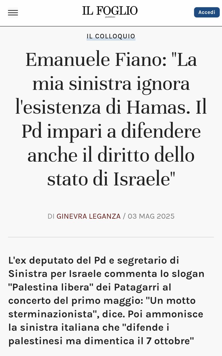 Dice <a href="/emanuelefiano/">Emanuele Fiano</a> che "Palestina Libera" è un "motto sterminazionista".

"Motto sterminazionista".

Questi sono completamente fuori di testa, e sono davvero la cosa più pericolosa oggi in Occidente.

Incredibile.

Ehi <a href="/pdnetwork/">Partito Democratico 🇮🇹 🇪🇺</a>, quando lo cacciate?