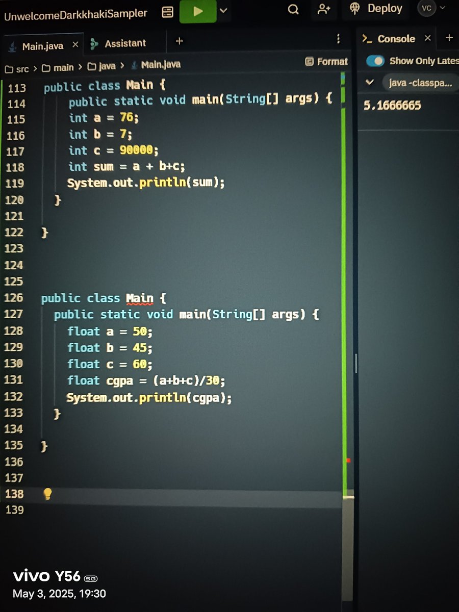 vishalc7583920's tweet image. Day 2 of Java done! ✅ Calculated sums (90083), CGPA (5.1666665), and converted km to miles using Scanner. Loving these coding journey!💻 
#Java 
#CodingJourney #LearningToCode 
#letsconnect
