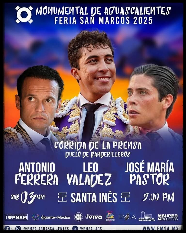 Hoy Sábado 03 de Mayo
Antonio Ferrera
Leo Valadez
José María Pastor
toros Santa Inés 
5:00 PM