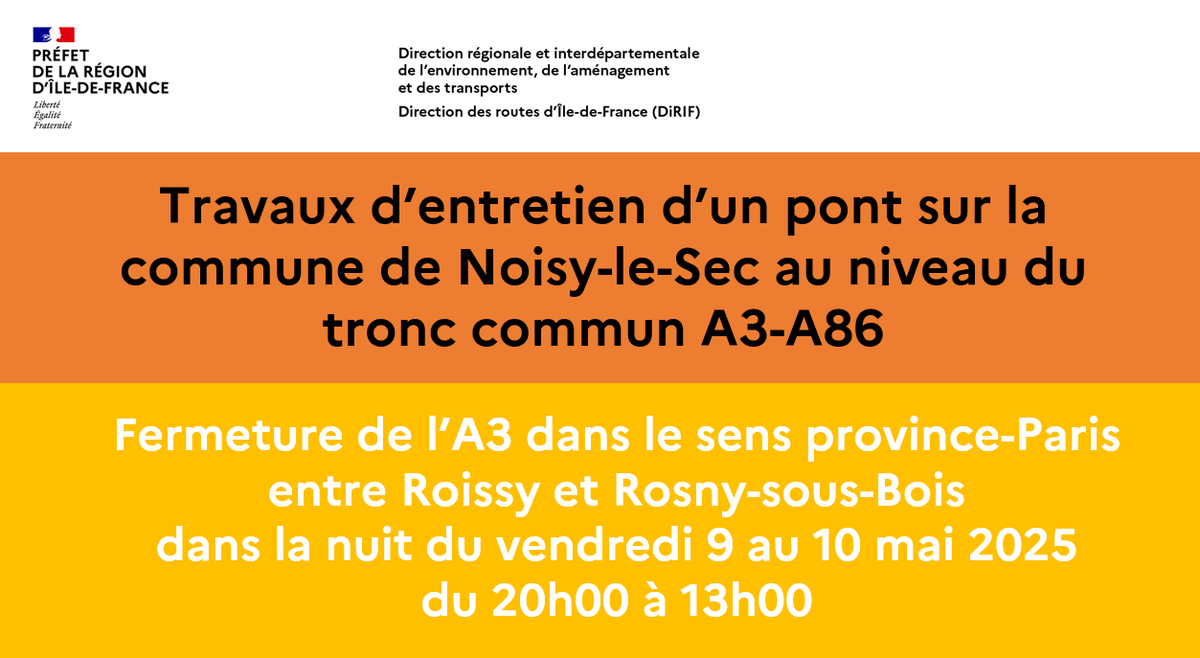 La fermeture réalisée sur A3 dans la nuit du 2 au 3/05 a permis de réaliser dans l'ensemble des travaux dans le sens Paris-province. 

✅Annulation des fermetures prévues les nuit du 3-4/05 et du 10-11/05

🚧Pour le sens Paris-province, 1 autre nuit de fermeture est programmée👇