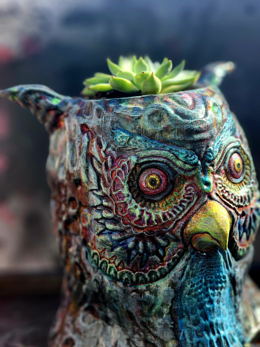 mmmamaluke's tweet photo. Succulent Night Owl #digital #sculpture #digital_sculpture #3d #3d_printing #3d_printed #handpainted #hand_painted #succulent #planter #garden #owl #Art #mixed_media #uv_reactive #paint_pour #plants #traditional #traditional_art #psychedelic #horror https://t.co/NaTtxSJfrf