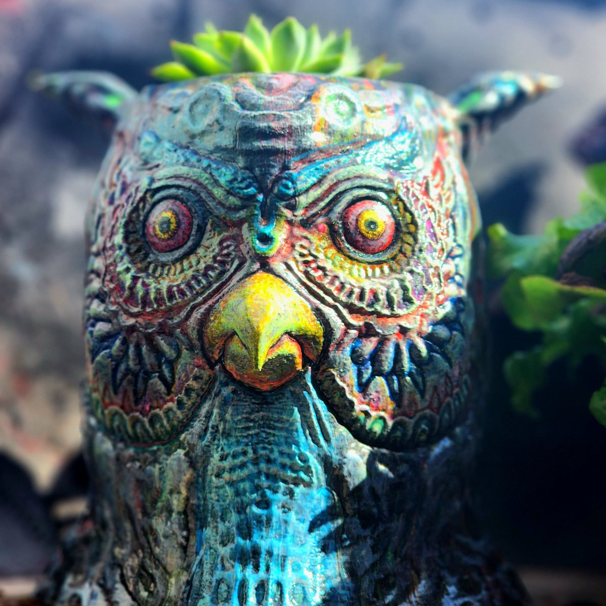 mmmamaluke's tweet photo. Succulent Night Owl #digital #sculpture #digital_sculpture #3d #3d_printing #3d_printed #handpainted #hand_painted #succulent #planter #garden #owl #Art #mixed_media #uv_reactive #paint_pour #plants #traditional #traditional_art #psychedelic #horror https://t.co/NaTtxSJfrf