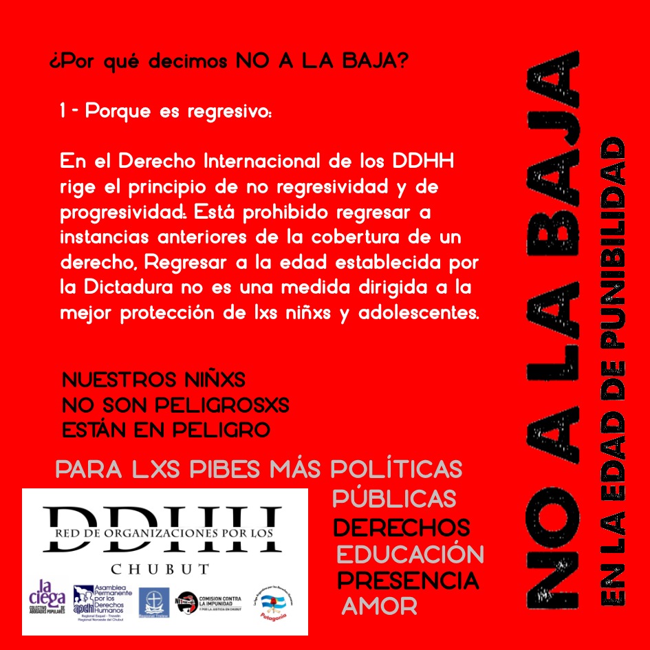 Sumate a la campaña #NoALaBaja 
Desde la Red de Organizaciones por los DDHH Chubut te contamos día por día los motivos para decir NO A LA BAJA EN LA EDAD DE IMPUTABILIDAD. 

Nuestros pibes #NoSonPeligrosos Están en peligro