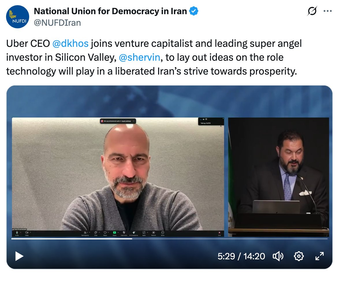 Sina Toossi (@sinatoossi) on Twitter photo Shameful that <a href="/dkhos/">dara khosrowshahi</a> & <a href="/shervin/">Shervin</a> are speaking at a NUFDI event—an Iranian monarchist group pushing for military strikes on Iran, collective punishment via sanctions, & viciously attacking other opposition voices more than the regime itself.
Maybe they don’t know. But they should. Shameful that <a href="/dkhos/">dara khosrowshahi</a> & <a href="/shervin/">Shervin</a> are speaking at a NUFDI event—an Iranian monarchist group pushing for military strikes on Iran, collective punishment via sanctions, & viciously attacking other opposition voices more than the regime itself.
Maybe they don’t know. But they should.