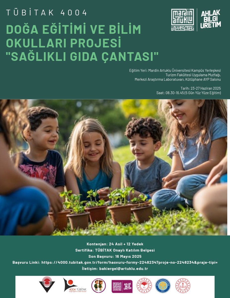 Okul öncesi öğretmenlerine özel 5 günlük eğitimle doğa, beslenme ve sağlık temelli gıda okuryazarlığını birlikte geliştiriyoruz!

TÜBİTAK 4004 “Sağlıklı Gıda Çantası” Projesi
📍 Mardin Artuklu Üniversitesi
📅 23–27 Haziran 2025
🧠 Eğitim + Uygulama
🎓 TÜBİTAK Onaylı Sertifika

🔗