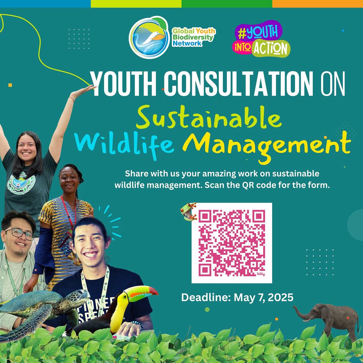 📢 #Youth voices needed! #GYBN is drafting a youth submission on sustainable #wildlife management for #CBD Decision 16/15.

🐘 Share your views on best practices, gaps &amp; recommendations.
🗓️ Deadline: May 7
🔗 Join now: forms.gle/Esg8NJnArLDocG…

#YouthIntoAction #BiodiversityDay